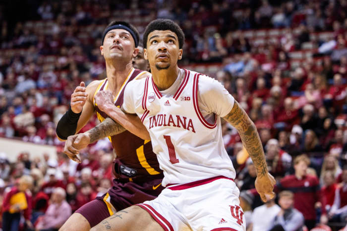 Indiana Hoosiers center Kel'el Ware (1) boxes out Minnesota Golden Gophers forward Dawson Garcia (3) in the second half at Simon Skjodt Assembly Hall.